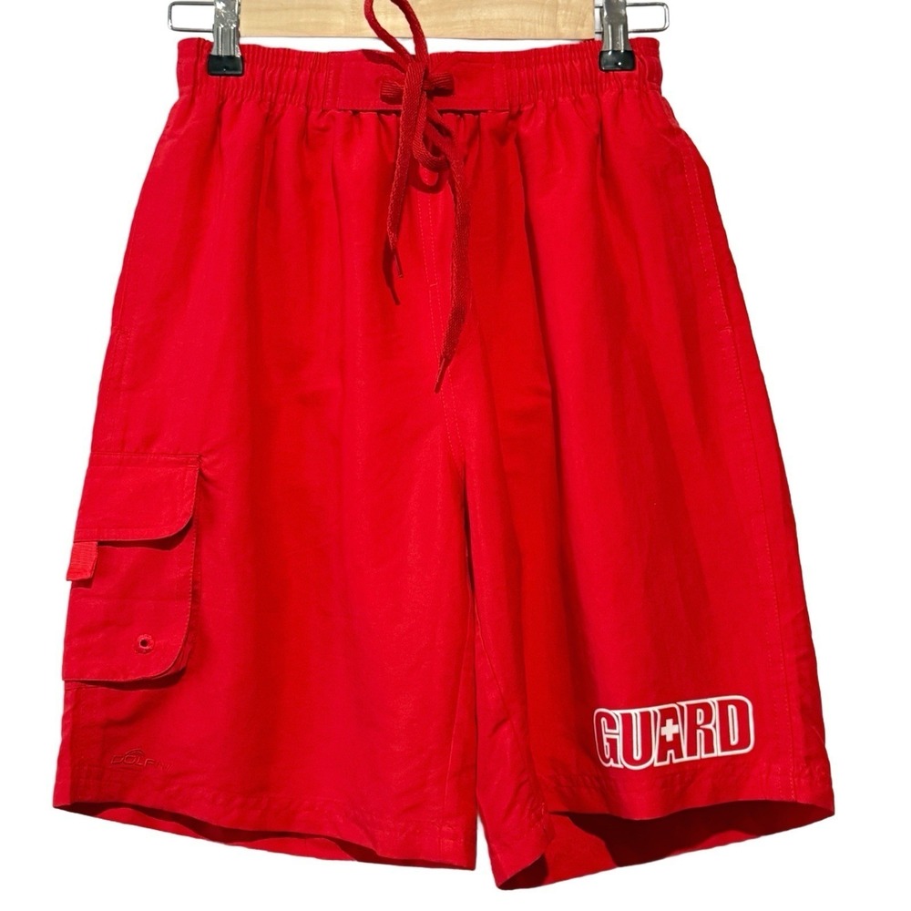 Dolfin Life Guard Swim Trunks Mens Size Small Red‎ White Logo Board Shorts